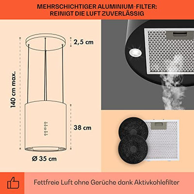 Klarstein Inselhaube, Dunstabzugshaube Umluft, Leise Abzugshaube für Kochinsel, Aktivkohlefilter, Inselhauben Freihängend Kronleuchter-Design, 3 Stufen Dunstabzugshaube mit Filter, 558m³/h Luftstrom