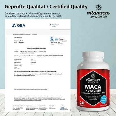 Maca Kapseln hochdosiert 4000 mg + L-Arginin + Vitamine + Zink, 240 Kapseln mit 4000 mg Pulver aus der Maca Wurzel für 2 Monate, Pflanzliche Nahrungsergänzung ohne Zusätze, Made in Germany