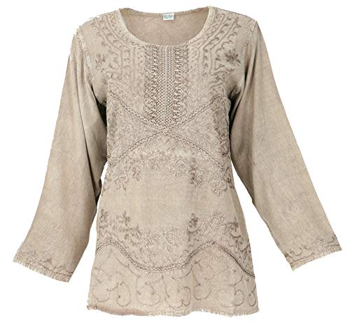 GURU SHOP Bestickte Indische Hippie Langarm Tunika, chic Bluse, Damen, Beige, Synthetisch, Size:40, Blusen & Tunikas Alternative Bekleidung