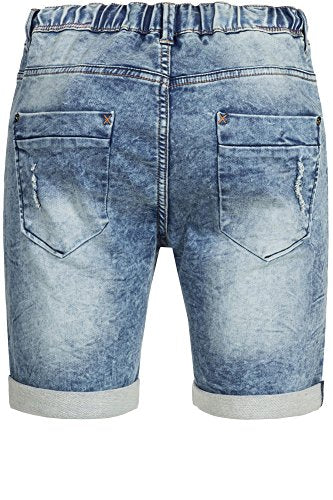 Indicode Herren Piano Sweatshorts mit 5 Taschen aus 82% Baumwolle | Kurze Hose Used-Look Shorts Denim-Optik Short Sweat Pants Washed Destroyed Jeans-Look Freizeithose für Männer Denim Blue L