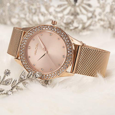 ManChDa Frauen Armbanduhr Kristall Mesh Edelstahl Gurt Damen Quarz Diamant Klassische Mode Romantische + Schmuck Manschette Armband Set (Rosegold)