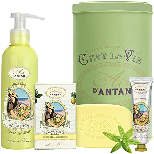 Geschenke für Frauen PROVENCE: Französisches Geschenkset: 1 Körpermilch 200ml + Handcreme 25ml + 1 Seife 100g in einer antiken Metalldose/Un Air d'Antan®/Parfüm Eisenkraut, Bergamotte und Zitrone