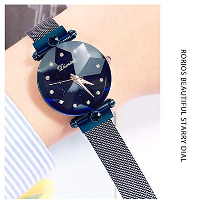 RORIOS Mode Damen Analog Quarzuhr Armbanduhren Mesh Armband Sternenklarer Himmel Simulierter Diamant Dial wasserdichte Armbanduhr Ladies Watches