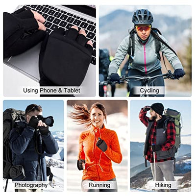 Halbfinger Flip Damen Thermo Fahrradhandschuh - Sport Outdoor Winddicht handschuh Wasserdicht mit Touch Screen Winterhandschuh Warm Running Handschuh für Fahrrad Ski Arbeits Fußball Motorrad Schwarz M