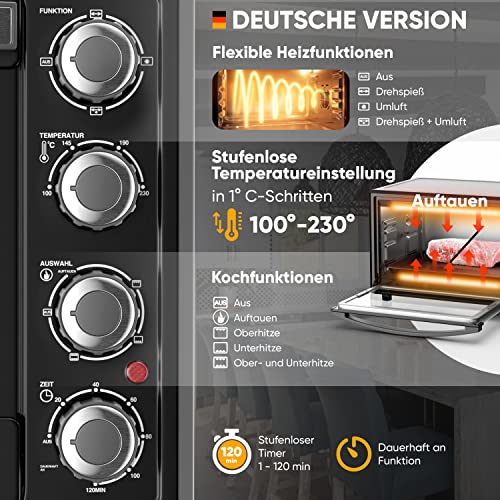 Stillstern Minibackofen mit Umluft (35L) Deutsche Version, Auftauen, Ofenhandschuhe, Rezeptheft, Drehspieß, Timer, Innenbeleuchtung, 1600W, Toaster Grill Pizzaofen Mini Backofen ideal für Camping