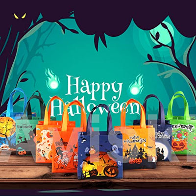 16 Stück Halloween Trick or Treat Taschen, Halloween Tragetaschen mit Griffen, Geschenktüten, multifunktionale Non-Woven Halloween Taschen zum Verpacken von Geschenken, Halloween Party Zubehör