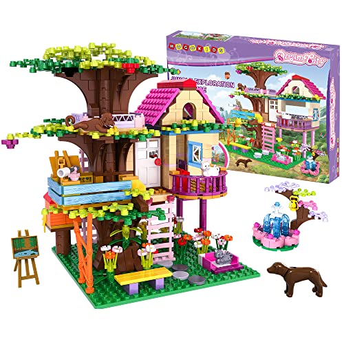 HOGOKIDS Baumhaus Bauspielzeug - Konstruktionsspielzeug ab 6 7 8 9 10+ Jahre für Mädchen Jungen, STEM Bausteine Spielzeug Waldhaus 613PCS mit Springbrunnen und Tieren | Spielzeughaus Geschenk