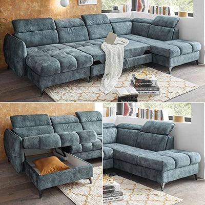 TOGO Wohnlandschaft in U-Form, Stoffbezug Smoke Blue - Ausziehbares Sofa mit Schlaffunktion, Bettkasten & verstellbaren Kopfteilen - 347 x 82 (99) x 221 cm (B/H/T)