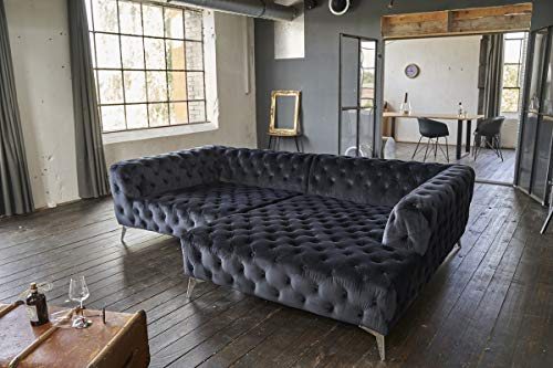 XXL Couch Federkern - KAWOLA Ecksofa Schwarz I Federkern Couch mit Recamiere rechts I Chesterfield Sofas mit Metallfüße (BxHxT) 279x71x190 I Chesterfield Ecksofa Couch I Eckcouch mit Federkern