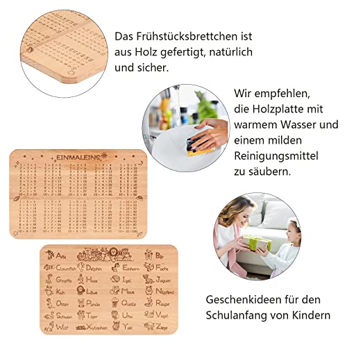 LOOPES ABC und 1x1 Frühstücksbrettchen Kinder Frühstücksbrett zum Schulanfang Holzbrettchen aus Buche Holz zum Lernen, Geschenkidee zum Einschulung Einschulungsgeschenke für Mädchen Jungen