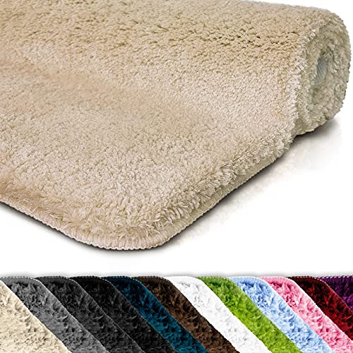 Badematte Sky | Badezimmerteppich | Weicher, dichter Hochflor | Rutschhemmend & Schnell trocknend | Geeignet für Fußbodenheizung | Eckig & Rund | Viele Farben & Größen (80 x 150 cm, Beige)