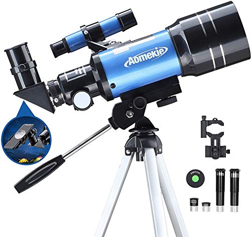 Aomekie Teleskop Kinder Einsteiger 70MM Teleskop Astronomie mit Smartphone Adapter Aluminium Stativ Barlow und Umkehrlinse