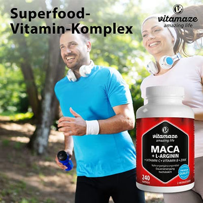 Maca Kapseln hochdosiert 4000 mg + L-Arginin + Vitamine + Zink, 240 Kapseln mit 4000 mg Pulver aus der Maca Wurzel für 2 Monate, Pflanzliche Nahrungsergänzung ohne Zusätze, Made in Germany