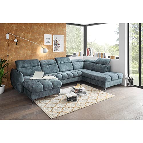 TOGO Wohnlandschaft in U-Form, Stoffbezug Smoke Blue - Ausziehbares Sofa mit Schlaffunktion, Bettkasten & verstellbaren Kopfteilen - 347 x 82 (99) x 221 cm (B/H/T)