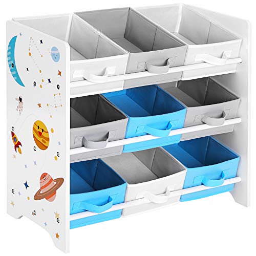 SONGMICS Kinderzimmerregal, Spielzeug-Organizer, Bücherregal für Kinder, mit 9 Aufbewahrungsboxen aus Vliesstoffe, Kinderzimmer, Schule, Kindergarten, 62,5 x 29,5 x 60 cm, Weltall-Motive, weiß GKR33WT