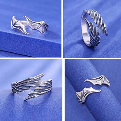 BYNYXI Engel Teufel Paar Ringe, 1 Paar Ring Verstellbar Partnerring 925 Sterling Silber Ring Feder Ring Personalisierte Ringe Engel Flügel Teufels Ringe Vintage Offener Ring Schmuck für Damen Herren