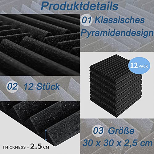 12 Stück Akustikschaumstoff Platten, Schalldämmung aus feuer- und flammhemmendem Material mit hoher Dichte, schallschutzmatte für Live-Studios, Aufnahmestudios, Büros, Heimstudios(30x30x2,5cm)