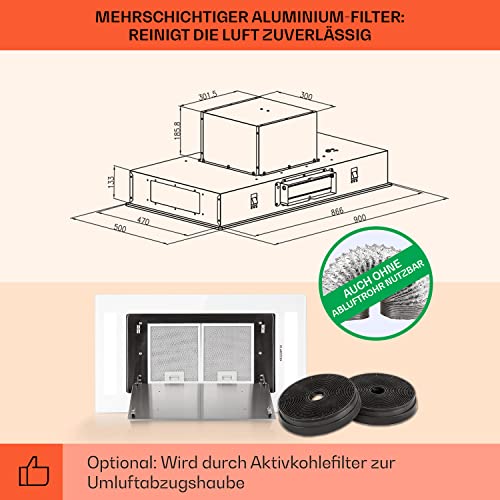 Klarstein Dunstabzugshaube, Leiser Dunstabzug, Dunstabzugshaube Unterbau, Dunstabzugshaube mit Filter, Dunstabzugshaube Einbau, Abzugshaube 90cm, 230W, 620 m³/h, Abluft/Umluft Dunstabzugshaube Weiß