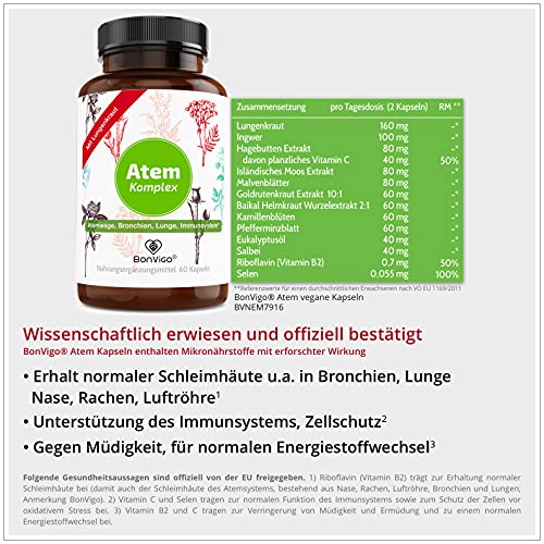 BonVigo® Atem Kapseln mit Lungenkraut - Bessere Rezeptur: Mikronährstoffe für Atemwege, Bronchien, Lunge, Immunsystem, Zellschutz* - 11-Pflanzen-Komplex mit Eukalyptusöl, Salbei, Isländisch Moos (1)