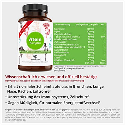 BonVigo® Atem Kapseln mit Lungenkraut - Bessere Rezeptur: Mikronährstoffe für Atemwege, Bronchien, Lunge, Immunsystem, Zellschutz* - 11-Pflanzen-Komplex mit Eukalyptusöl, Salbei, Isländisch Moos (1)