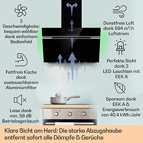 Klarstein Alina Smart Dunstabzugshaube, Abzugshaube für Küchen, Dunstabzugshaube mit Filter, Dunstabzug mit 594 m³/h Luftstrom, Wi-Fi-Steuerung, LED Beleuchtung, Dunstabzugshaube 60cm, Umluft