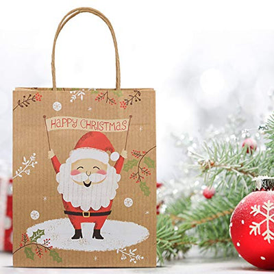 GWHOLE 12 Stück Papiertüten Weihnachten Geschenktüten mit Henkel Braun Kraftpapier für Geschenke Mitgebsel Süßigkeiten Party