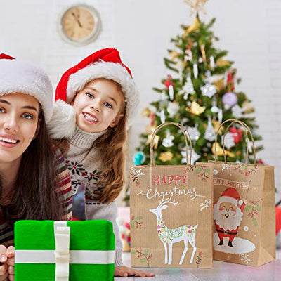 GWHOLE 12 Stück Papiertüten Weihnachten Geschenktüten mit Henkel Braun Kraftpapier für Geschenke Mitgebsel Süßigkeiten Party