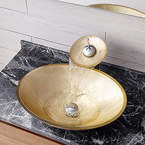 HomeLava Gehärtetes Glas Waschbecken Waschtisch Rund Gold Aufsatzbecken Aufsatzwaschbecken Glaswaschbecken Aufsatzwaschtisch Spülbecken Becken inkl. Ablaufgarnitur und Wasserfall-Wasserhahn