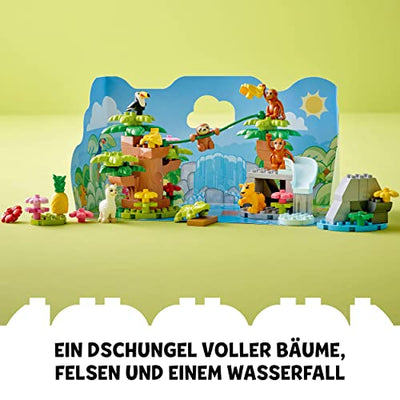 LEGO 10973 DUPLO Wilde Tiere Südamerikas Spielzeug-Set mit 7 Tierfiguren, Steine und Dschungel-Spielmatte, Lernspielzeug für Mädchen und Jungen ab 2 Jahre