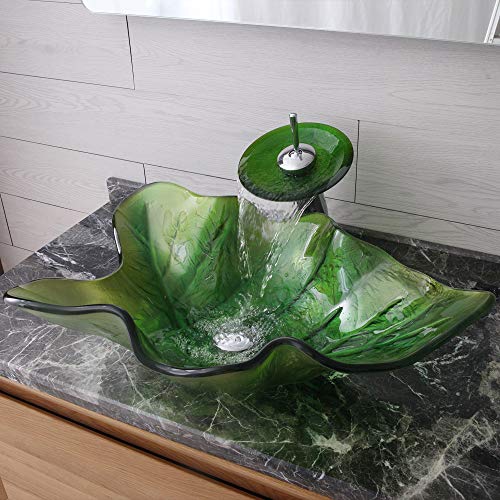 Homelava Modern Gehärtetes Glas Waschbecken Blatt Design Glas Aufsatz Waschschale mit Wasserfall Wasserhahn (Grün)