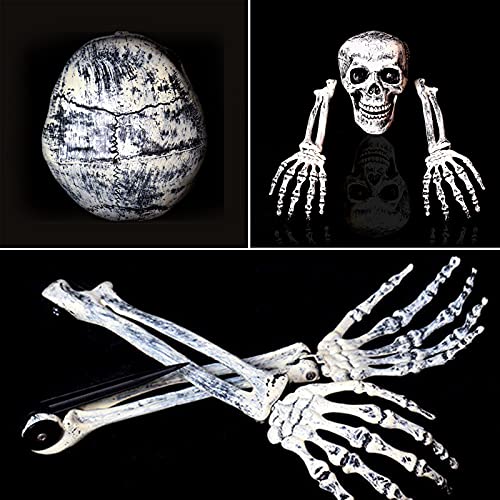 Halloween-Dekorations-Set, 4 PCS gefälschter Skelettkopf + Hände + grüne Lichterketten, realistische Skelett-bewegliche Dekoration, gruselige gefälschte Kopf Handknochen für Outdoor Halloween Party