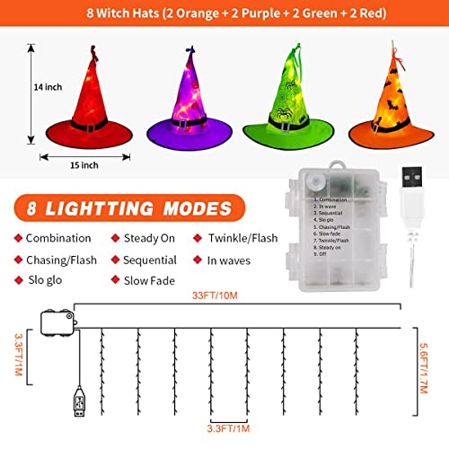 WUJUN Halloween-Dekorationen für den Außenbereich, Hexenhut, Lichter, 8 Stück, hängende beleuchtete, leuchtende Hexenhüte mit 11 m, 104 LEDs, Halloween-Lichterkette (8 Beleuchtungsmodi)