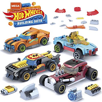 MEGA Construx GVM13 - Hot Wheels Rennwagen Spielzeug-Set, Bauset, 485 Teile, 4 Fahrzeuge, Rally Cat, Dawgzilla, Night Shifter und Mod Rod, 4 bewegliche Mikro-Actionfiguren, für Kinder ab 5 Jahren