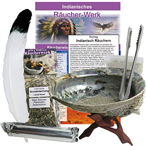 Räuchermuschel 12-16cm 9-TLG Smudge Kit Räucherset Indian-Spirit + Ständer + schamanische Räucherung + Feder + Zange + Kohle + Anleitung + Zubehör. 81092