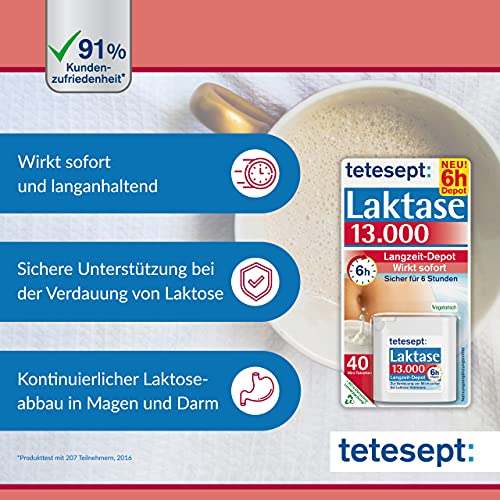 tetesept Laktase 13.000 – Laktasetabletten bei Laktoseunverträglichkeit – Nahrungsergänzungsmittel mit Sofortwirkung & 6h Langzeit-Depot – 1 Dose à 40 Stück