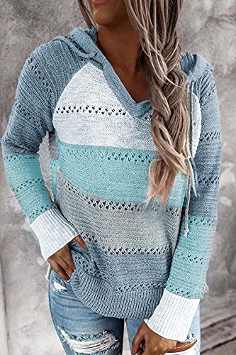 GOLDPKF Strickmantel Mit Kapuze Sportbekleidung Damen Pullover Damen Farbblock Kapuzenpullover Gestreift Hoodie Entspannt Sweatshirt mit Kapuze Lässiger Hohlpullover Blau M 40-42