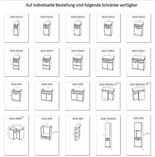 naka24 Küche KAM Schränke Zebrano/Birne Verschiedene Kombinationen (260 cm mit Arbeitsplatten 130 und 130)