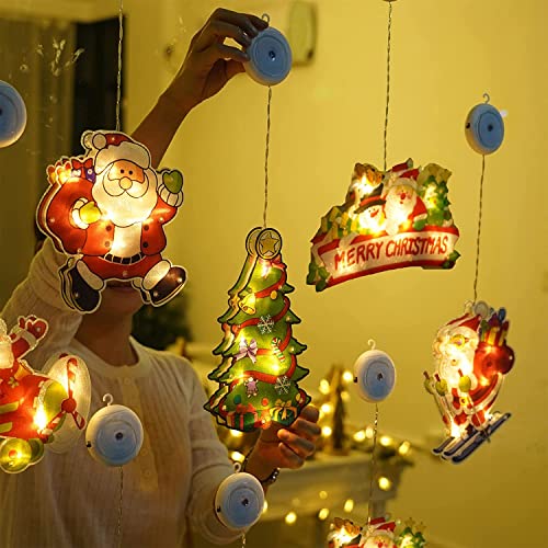 Weihnachtsbeleuchtung,Vorhang Licht, Lichterketten Batteriebetriebene mit Saugnäpfe für Fensterdeko Weihnachtsdeko,Innen- und Außenweihnachtsdekoration (Alter Mann mit Rucksack )