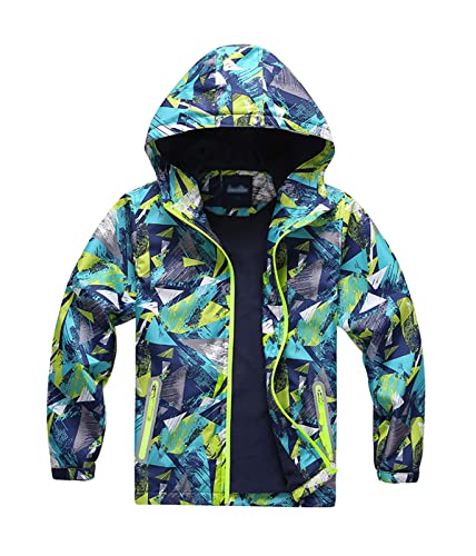 YOUNGSOUL Jungen Gefütterte Regenjacke Gemusterte Wasserdicht Winddicht Windjacke Regenmantel mit Kapuze Grün DE: 104-110 (Herstellergröße 110)