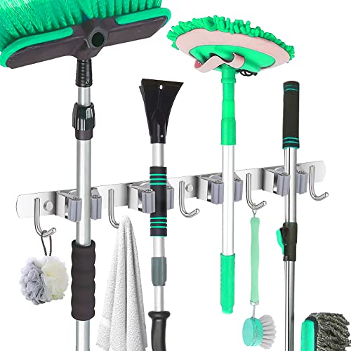 Saxhorn Besenhalterung Wand, Gerätehalter Edelstahl, Besen Mop Halter Wandhalterung,Gartengerätehalter, Selbstklebend Werkzeughalter Organizer für Zuhause Küche Badezimmer Garten Garage (4 Halter)