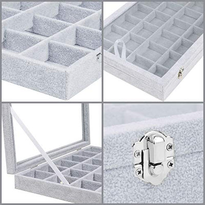 Belle Vous Jewelry Organizer Schmuckkasten Grau, Samt Box Glas Deckel & 24 Fächer – Schmuckaufbewahrung Stapelbar Schmuckschatulle Schubladen Verstellbar für Ringe, Ketten, Armband, Ohrringe, Uhren