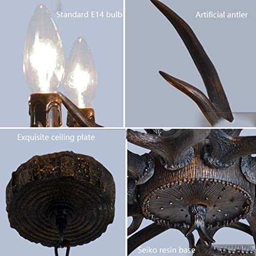 Retro Pendelleuchte Esstischlampe Antik Kronleuchter Geweih Resin Hängeleuchte Schwarzer Lampenschirm E14×6 Leuchter Höhenverstellbar Hängelampe Esszimmer lampe Wohnzimmer Beleuchtung Deckenlampe