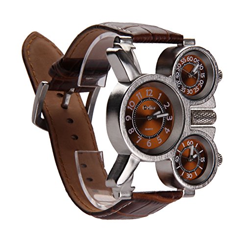 VDYXEW Retro Oulm armbanduhren Herren Uhr Steampunk Herren Armbanduhr mit Braun 3-movt Quarz Zifferblatt Braun und Lederarmband