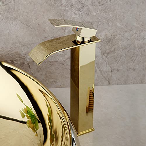 Poliertes Gold-Badezimmer-Keramik-Waschbecken, vergoldet, aus massivem Messing, Wasserhahn-Set, Schüssel, Gefäß, Waschbecken