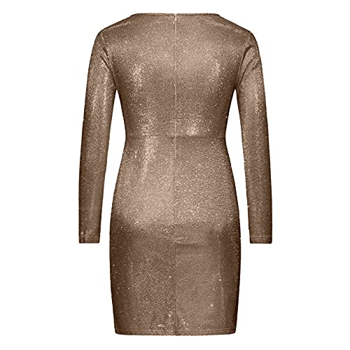 Graceyo Pailletten Kleider Knielang, Damen Kurz Glitzerkleid Langarm V-Ausschnitt Glänzende Kleider Sexy Partykleid Cocktailkleid Bodycon Enges Party Minikleid Wickelkleid Festkleid, Braun, L