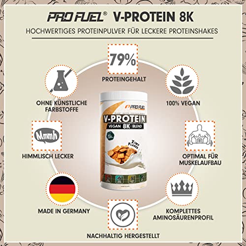 Vegan Protein – Zimt-Flakes - V-Protein 8K Blend - unglaublich lecker & cremig - mit Protein aus Sonnenblume, Reis, Erbse, Hanf, Kürbis uvm. - pflanzliches Proteinpulver mit 79% Eiweiß