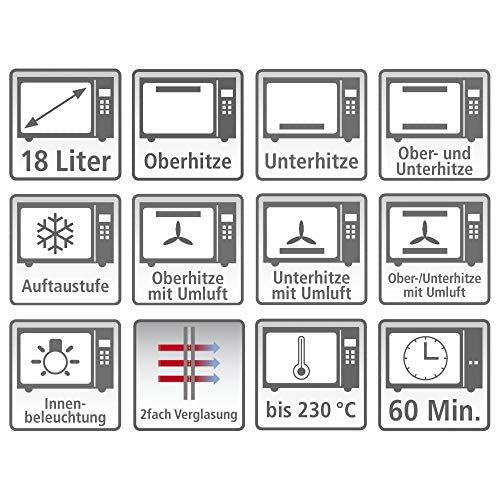 ROMMELSBACHER Kleinbackofen BG 1055/E - 18 Liter Backraum, 7 Heizarten inkl. Umluft, Temperaturen von 80 - 230 °C, Doppelverglasung, Innenbeleuchtung, Zeitschaltuhr, 1050 W, Edelstahl