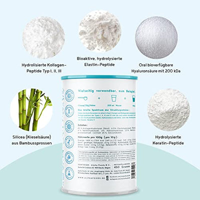 Strukturprotein - Collagen mit Marine Elastin, Hyaluronsäure, Keratin und Silicea - Kollagen Hydrolysat Peptide Type I, II, III & IV - Geschmacksneutral - 450g Collagen Pulver