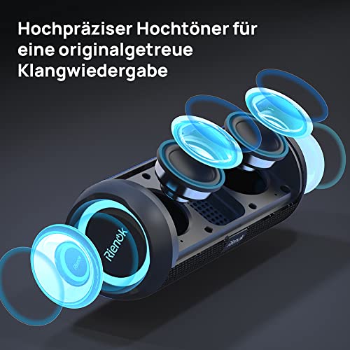 RIENOK Bluetooth Lautsprecher mit Licht Bluetooth 5.3 Musikbox Bass Kabellos Box mit IPX7 wasserdicht 30W Stereo Sound Tragbar