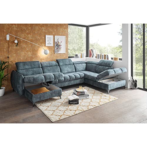 TOGO Wohnlandschaft in U-Form, Stoffbezug Smoke Blue - Ausziehbares Sofa mit Schlaffunktion, Bettkasten & verstellbaren Kopfteilen - 347 x 82 (99) x 221 cm (B/H/T)